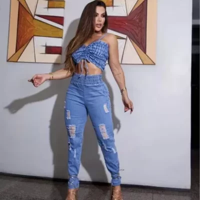 Conjunto Feminino Calça E Cropped Jeans Com Lycra